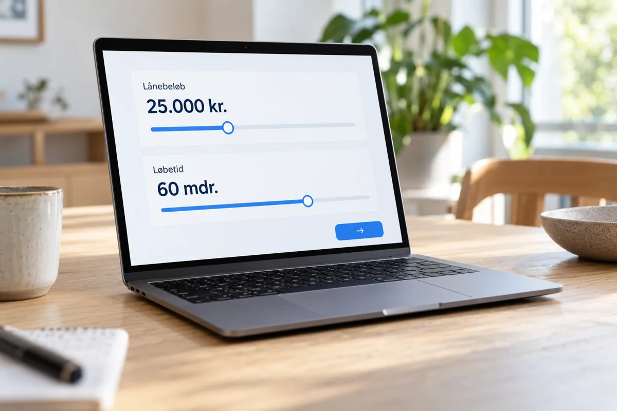 Laptop med en blå låneberegner på skærmen